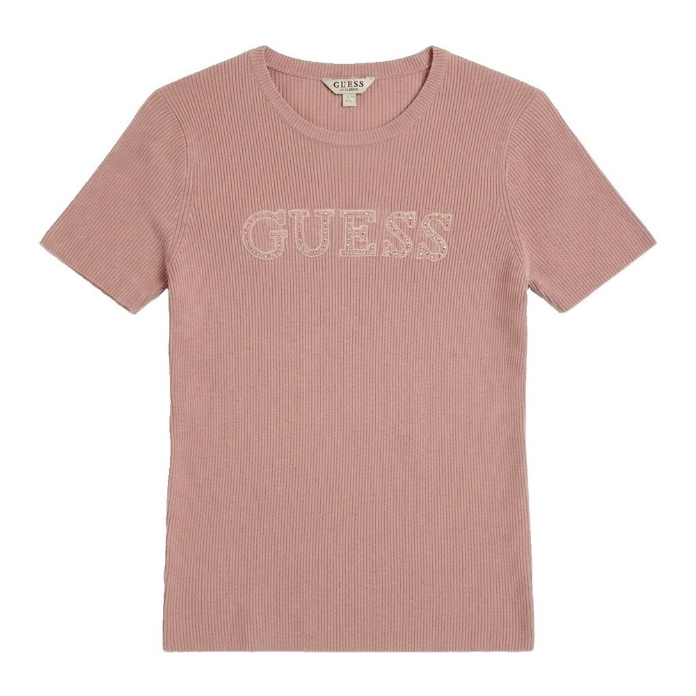 Guess Women's Y2K Size M Short Sleeve Ribbed Pink Spell out Top Round Neck